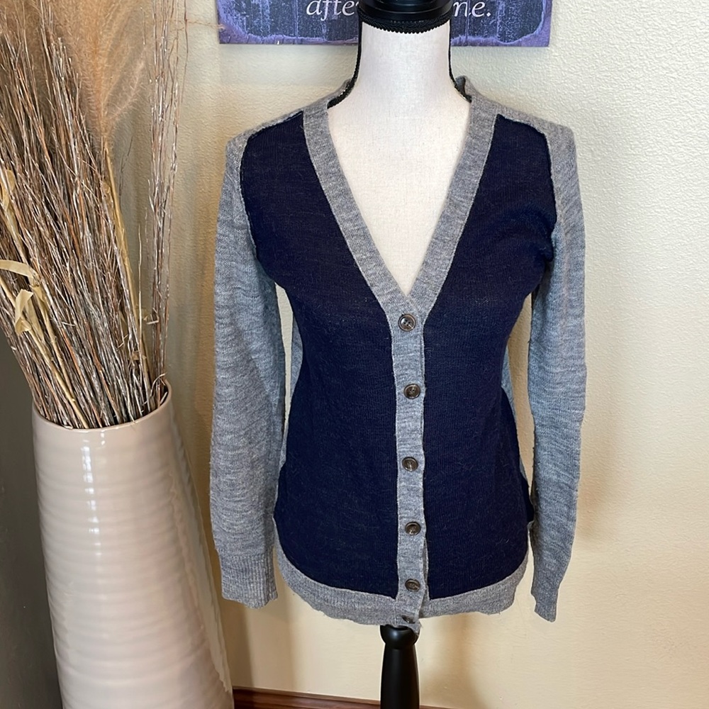 J.Crew Color Block Classic Alpaca Wool Button Cardigan Sweater Navy Gray Size M